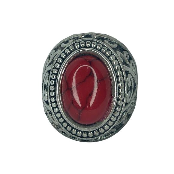 Silver Boho Ring with Red Stone - Size 10 - Picture 3 of 6
